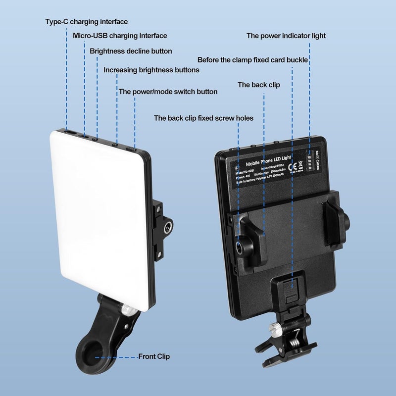 إي وورلد إضاءة سيلفي قابلة لإعادة الشحن مع 60 مصباح LED، إضاءة فيديو محمولة بمشبك للهواتف واللابتوب والكاميرا – لون أسود - Image 5